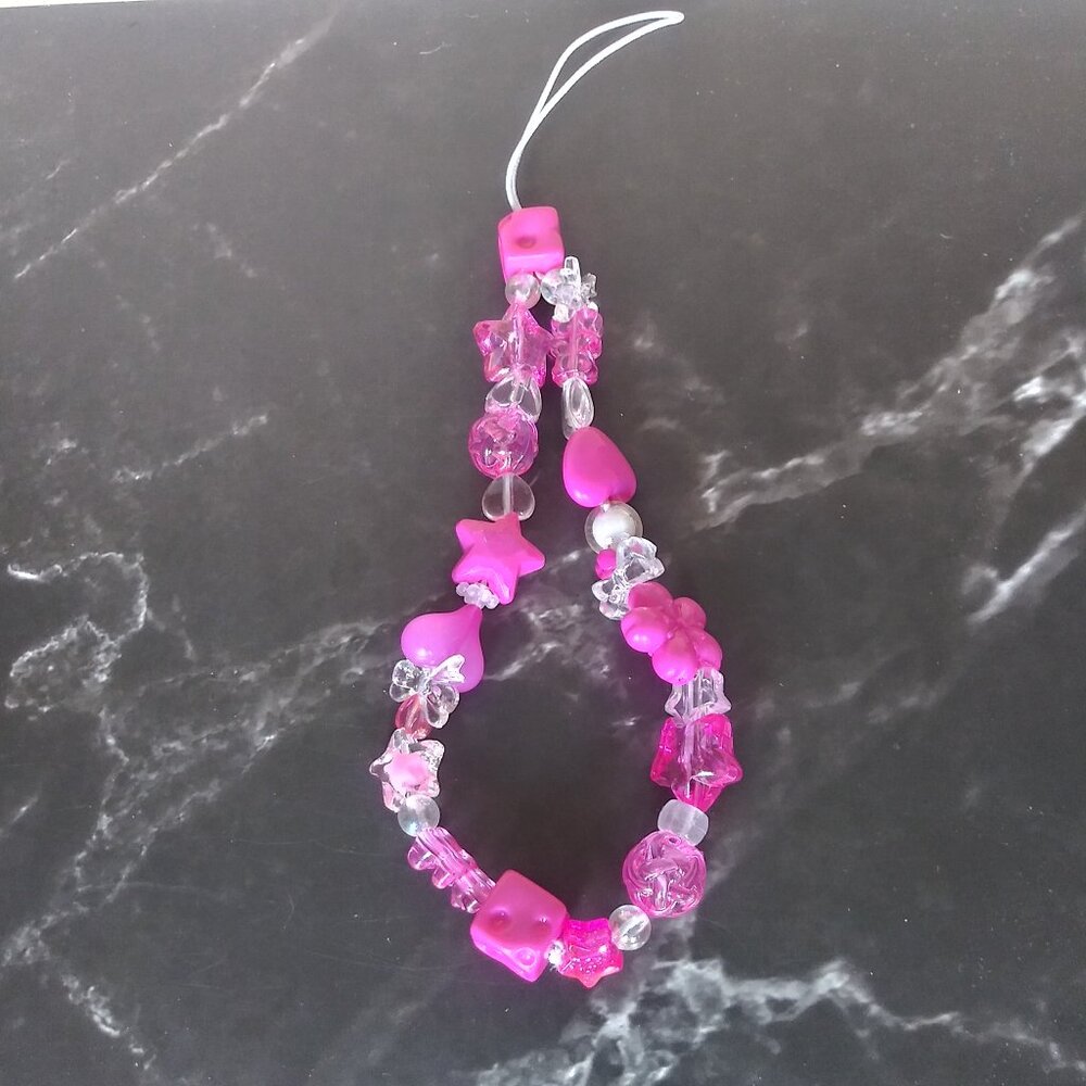 Hot Pink Party Charm Phone Strap – Dice, Hearts & Star Beads Galore!